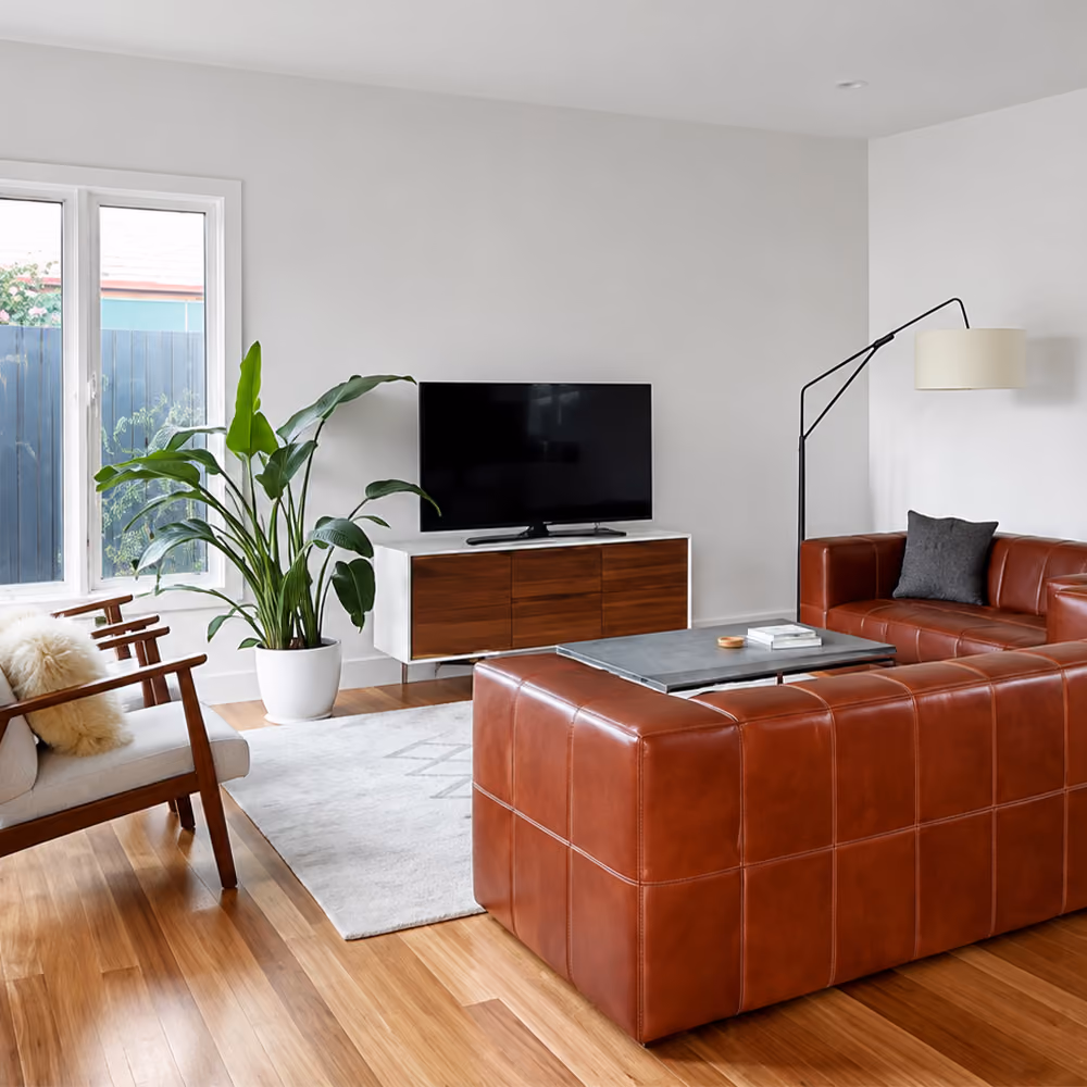 Modern living room with brown leather sofas, timber flooring and large windows