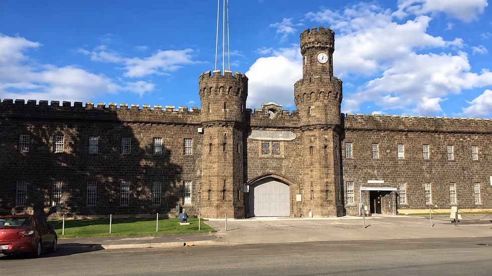 Front entrance of the historic Old Melbourne Gaol built from Victorian bluestone