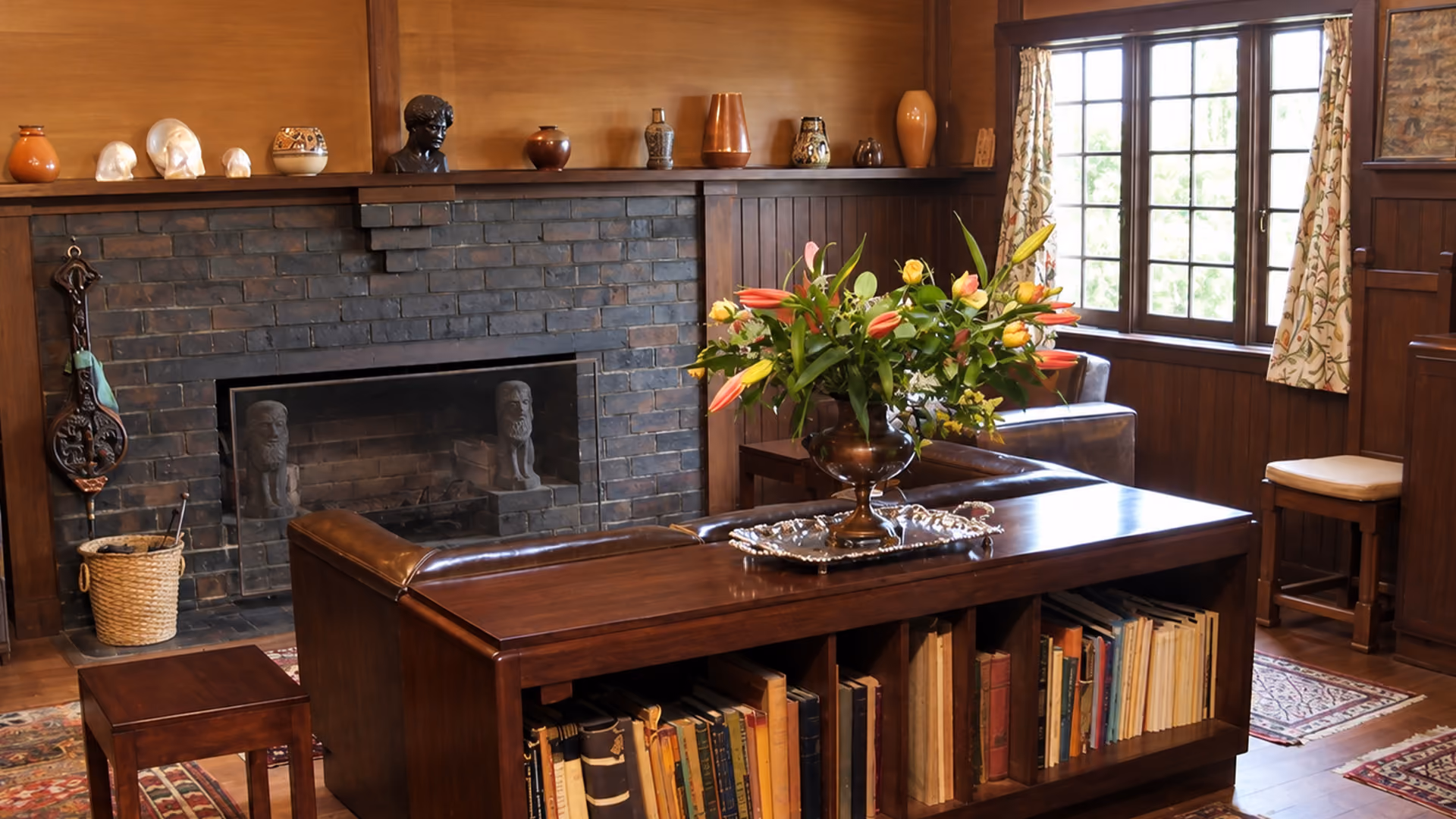 Preserved living room inside Waller House featuring original Arts and Crafts interiors.