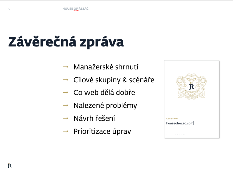 Ukázka závěrečné zprávy z auditu webu od House of Řezáč — manažerské shrnutí, problémy, návrh řešení, prioritizace