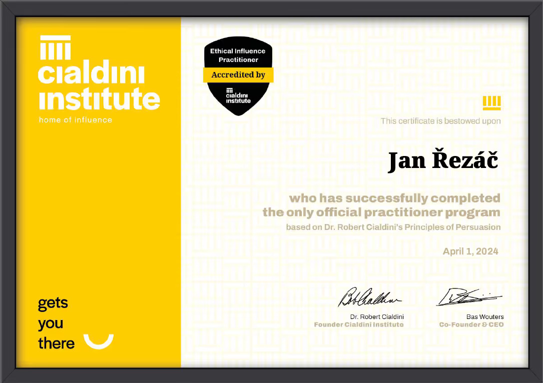 Certifikát etického ovlivňování z Cialdini Institute pro Jana Řezáče