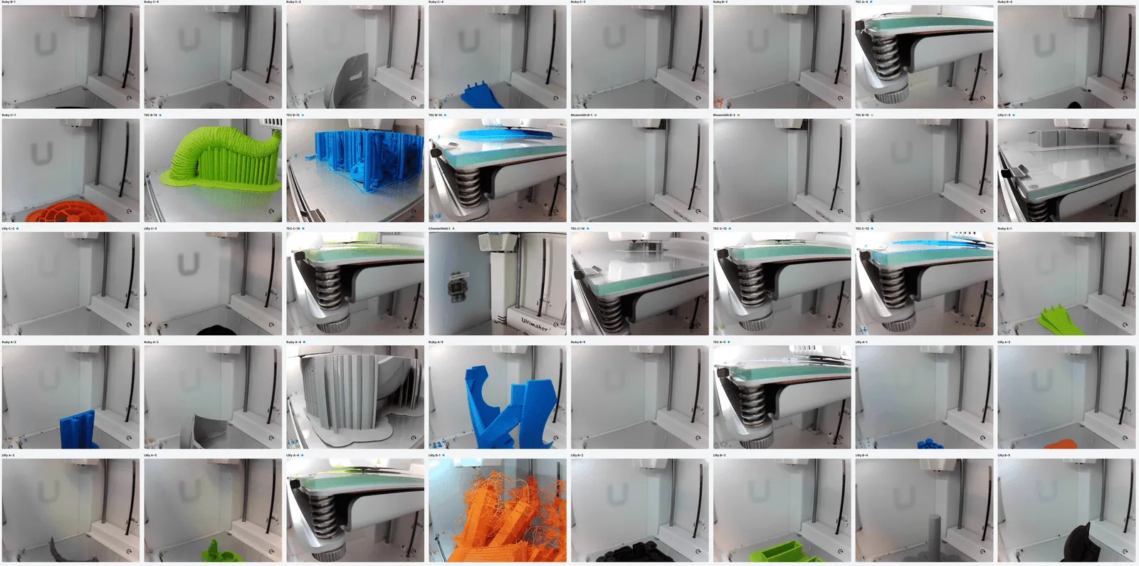 Live view of dozens of 3D printers running simultaneously under one dashboard