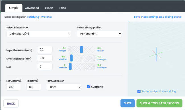 3DPrinterOS slicer settings showing printer type, slicing profile and infill