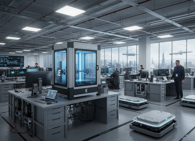 Enterprise additive manufacturing lab with industrial 3D printers and engineering workstations