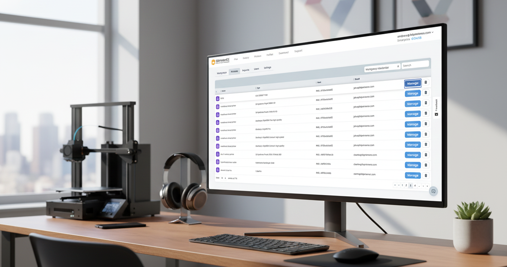 3DPrinterOS user list on a monitor next to a 3D printer