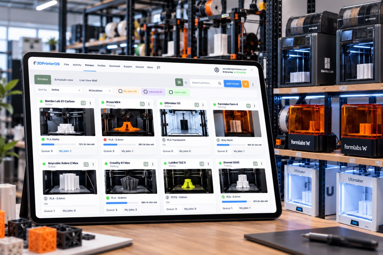 A tablet running 3DPrinterOS in a print lab, showing live status cards for Bambu Lab, Prusa, Ultimaker, Formlabs, Creality and Dremel printers, with the machines on the shelves behind