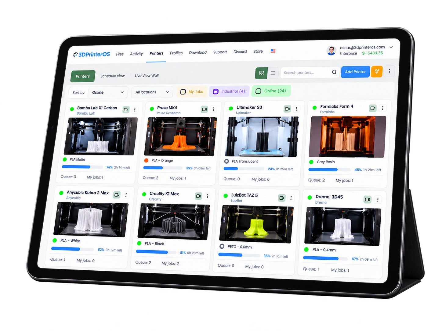 Tablet running 3DPrinterOS with live camera feeds and print progress