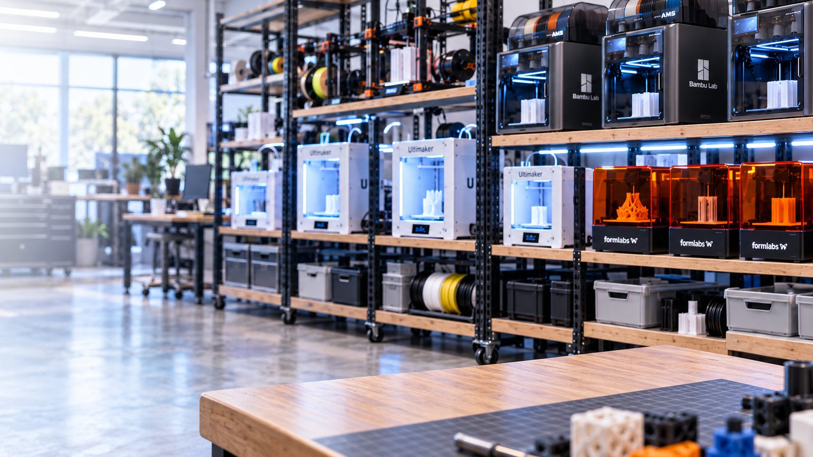 Print lab with shelves of 3D printers