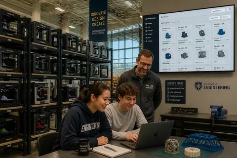 Engineering lab with a wall of 3D printers and a large screen showing the 3DPrinterOS printer dashboard