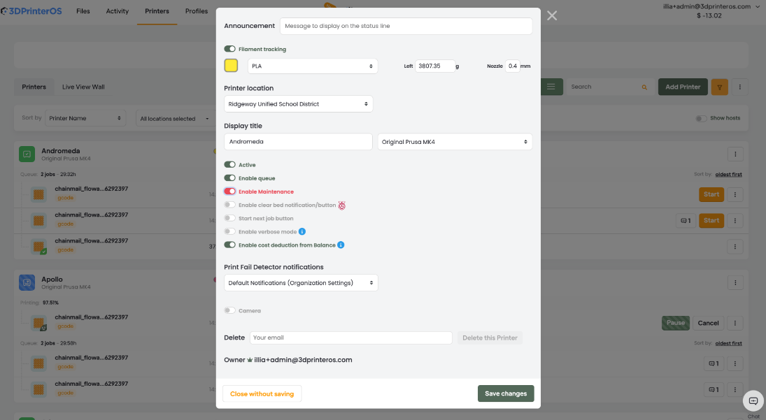 Screenshot of 3DPrinterOS printer settings panel showing location, filament tracking, and notifications