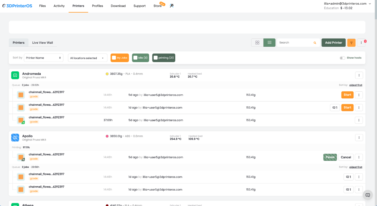 3DPrinterOS dashboard showing live printer status, temperatures, and job queues across multiple 3D printers