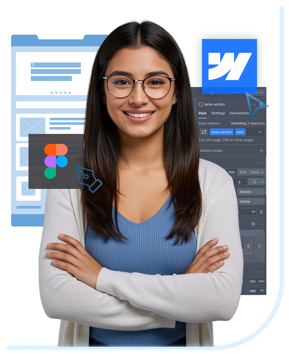Young woman with glasses smiling with her arms crossed, standing in front of a web design interface with icons and editing panels