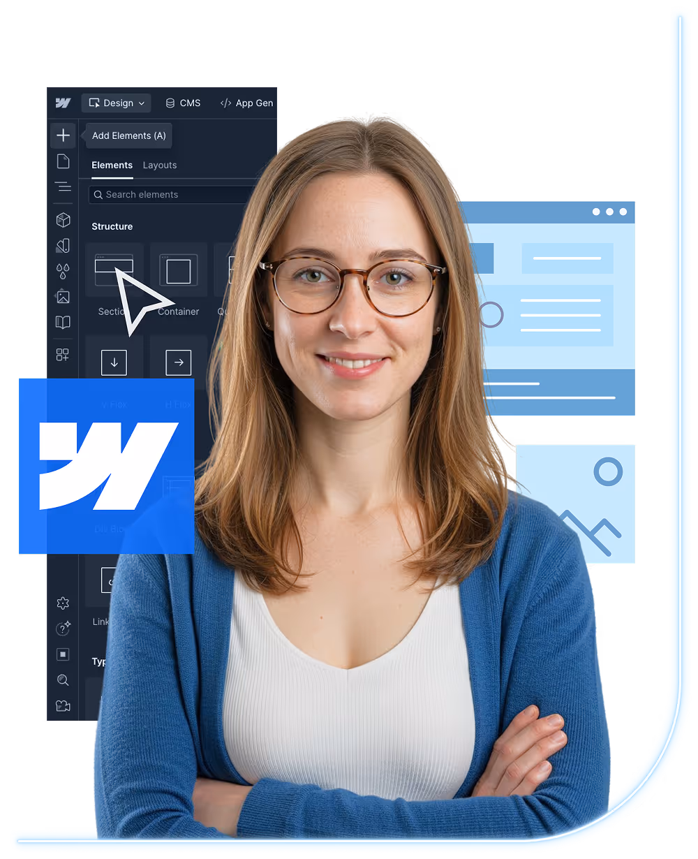 Young woman with glasses smiling with her arms crossed, standing in front of a web design interface with icons and editing panels