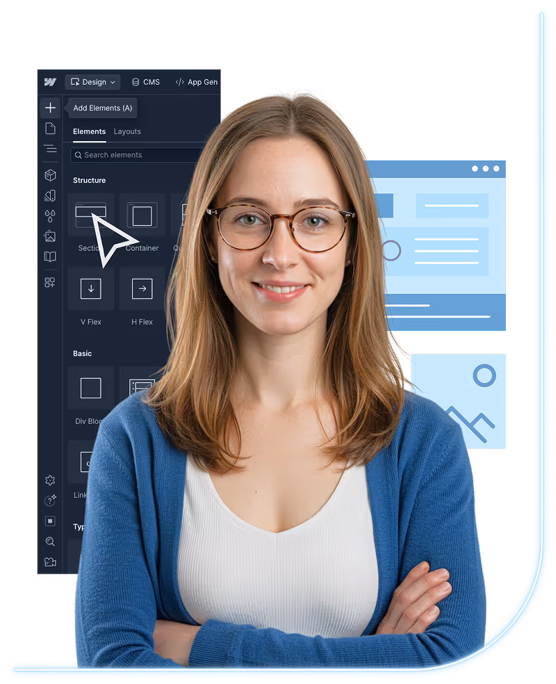 Smiling woman with glasses wearing a blue cardigan and white top stands with arms crossed in front of digital website design interface graphics.