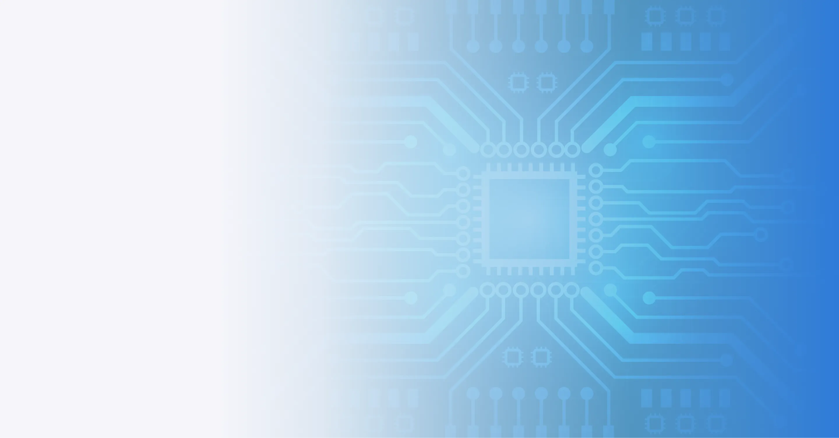 Blue digital circuit board with a central chip and connecting lines on a gradient background fading from white to blue.