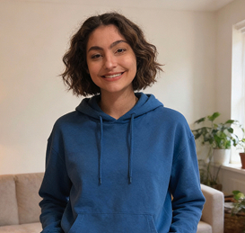 Smiling woman with short curly hair wearing a blue hoodie standing in a cozy living room with plants and a couch.