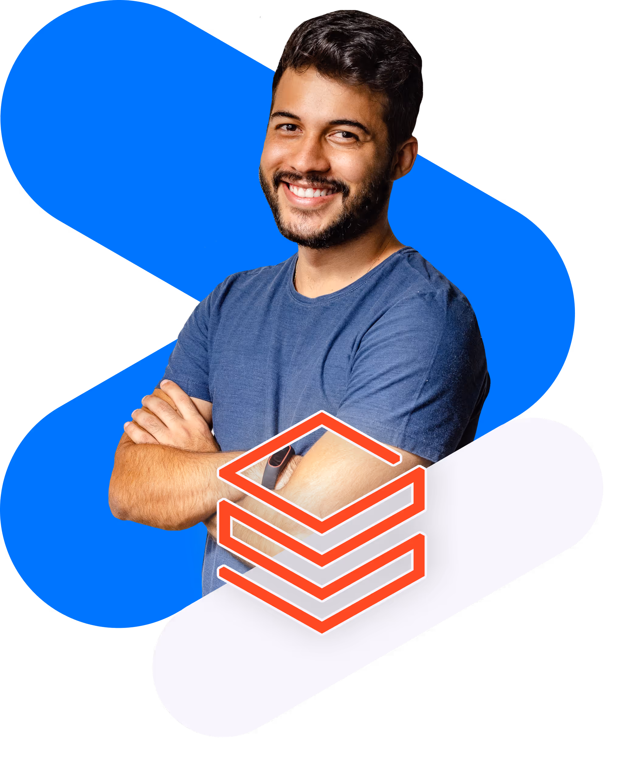 Smiling man with folded arms wearing a blue t-shirt, against overlapping blue and white rounded shapes with an orange three-layered square icon overlay.