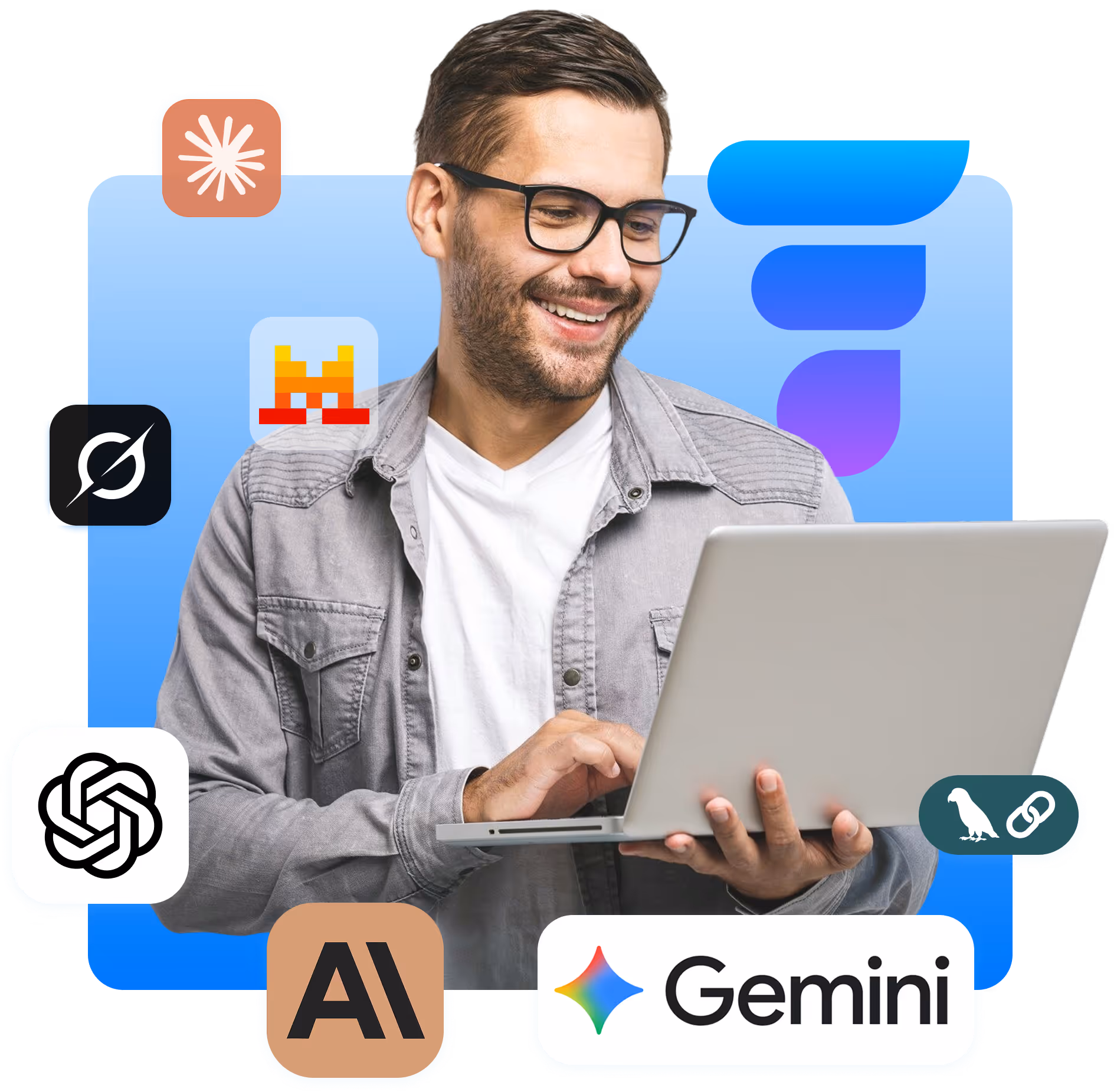 Smiling man wearing glasses and a grey shirt, holding and using a laptop with various AI-related logos around him on a blue gradient background.