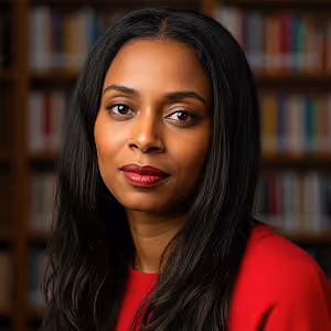 Portrait of a woman with long black hair wearing a red top, with bookshelves blurred in the background.