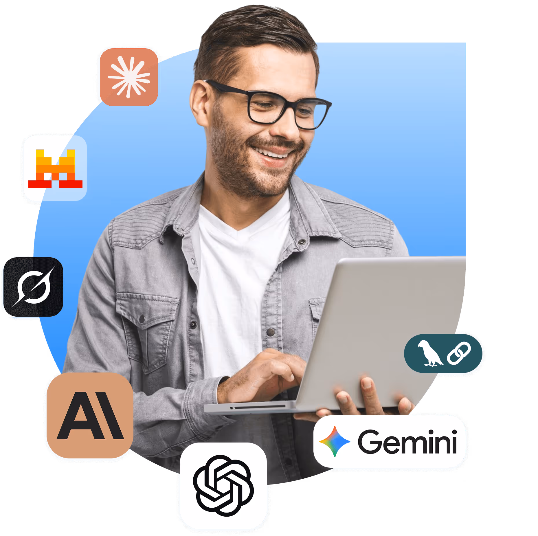 Smiling man wearing glasses and a gray jacket using a laptop, surrounded by various AI and tech logos including Gemini and OpenAI.