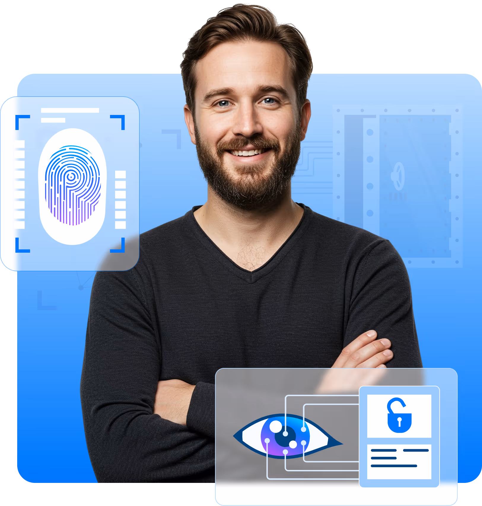 Smiling man with crossed arms in front of blue background with digital fingerprint and eye security icons representing biometric authentication.