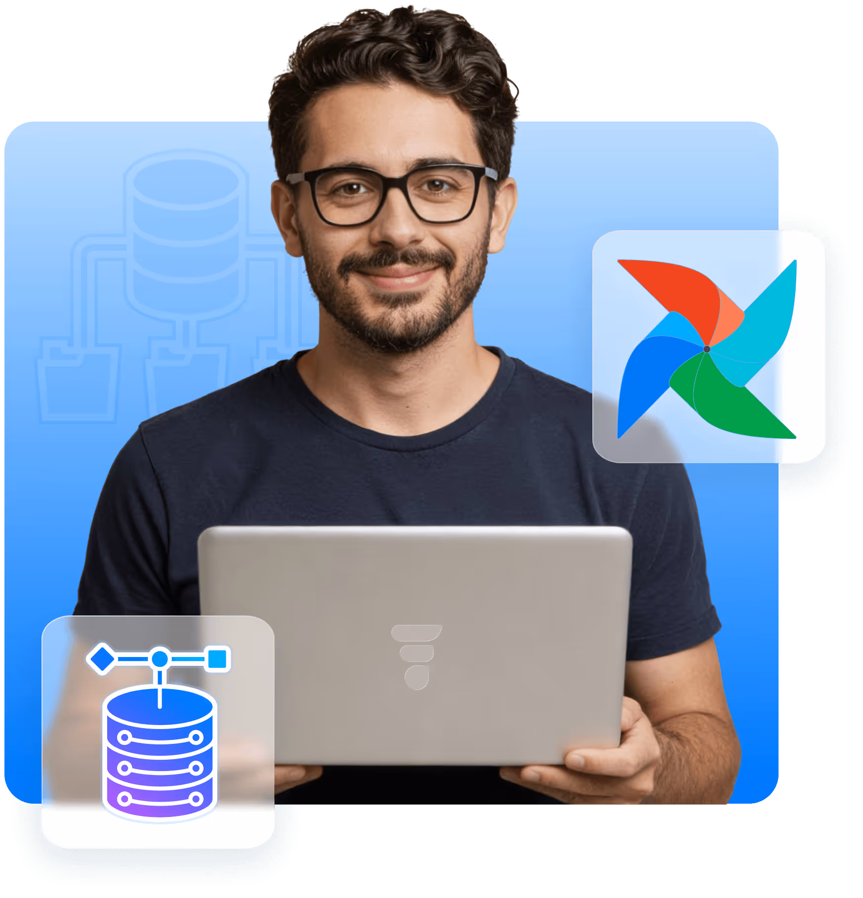 Smiling man wearing glasses holding a laptop with data flow and Apache Airflow icons on a blue gradient background.