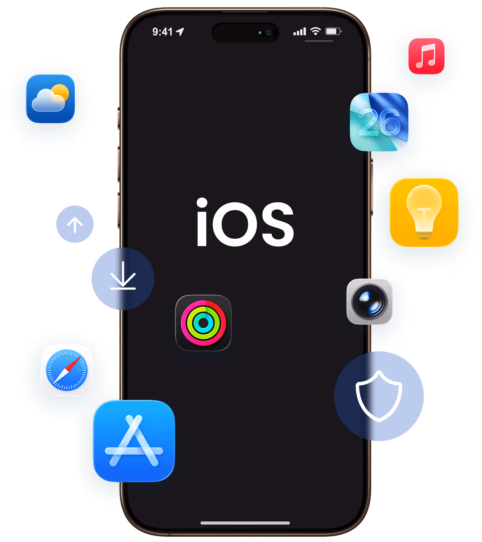 iPhone with black screen displaying 'iOS' text and activity rings icon, surrounded by icons for Weather, Music, Calendar, Tips, Camera, Safari, App Store, upload, download, and security shield.