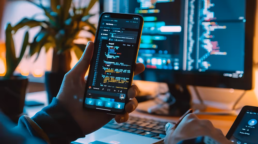 Person holding a smartphone displaying coding scripts with a computer screen and laptop in the background.