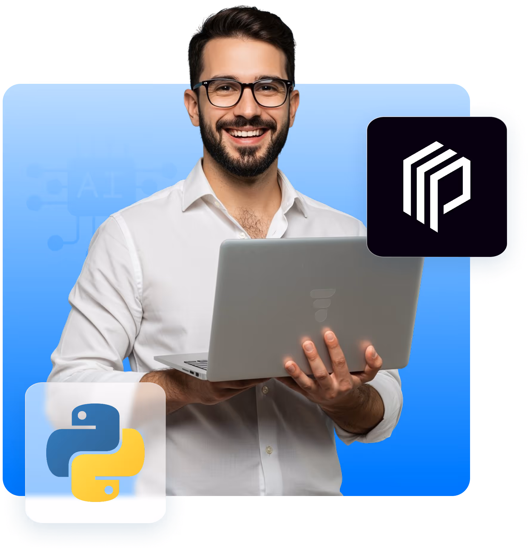 Smiling man with glasses holding a laptop with Python and Prefect logos on a blue gradient background.