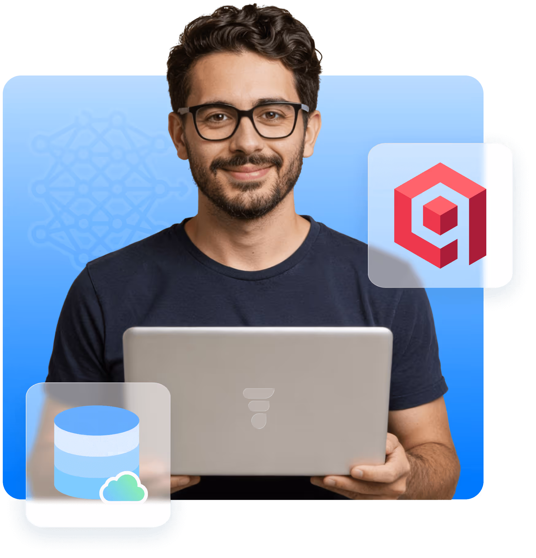 Smiling man with glasses holding a laptop with technology-related icons in blue background.