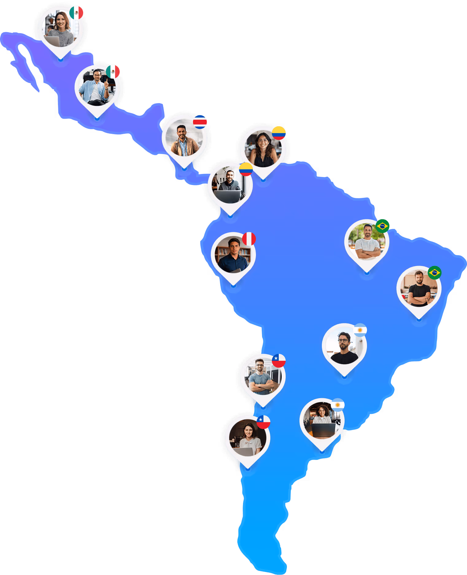Map of Latin America with location pins showing diverse people in Mexico, Costa Rica, Colombia, Peru, Brazil, Argentina, and Chile.