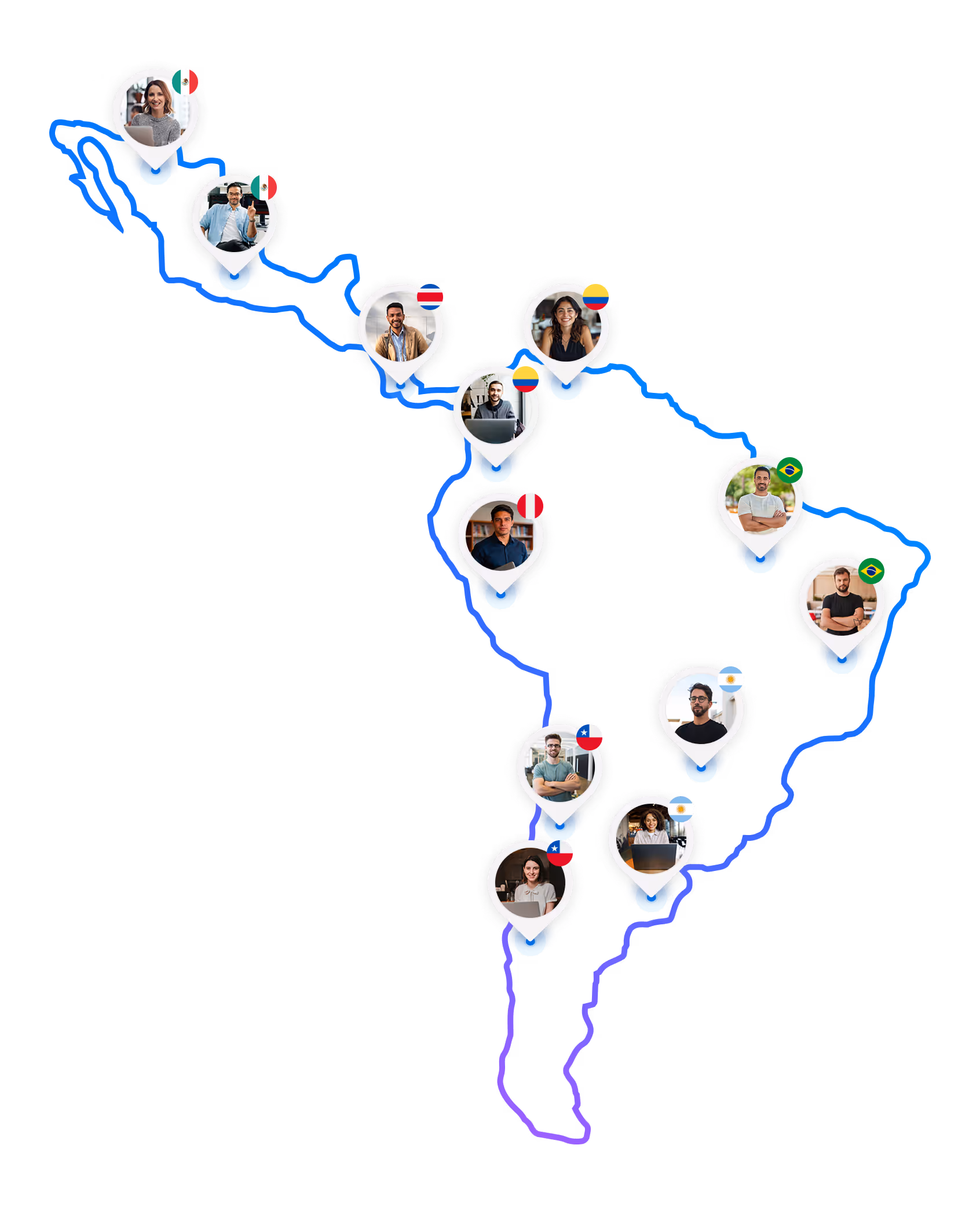 Map of Latin America with location pins showing diverse people in Mexico, Costa Rica, Colombia, Peru, Brazil, Argentina, and Chile.