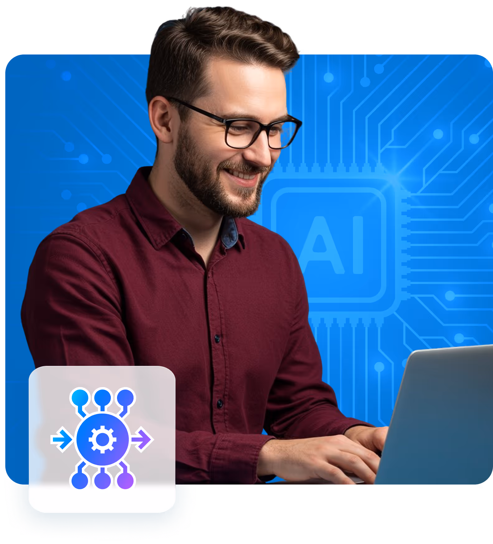 Smiling man wearing glasses and a maroon shirt typing on a laptop with a blue AI-themed digital background.