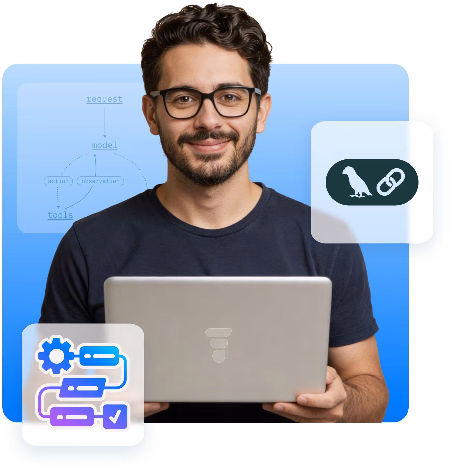 Smiling man with glasses holding a laptop, with icons depicting a workflow chart and a bird with a link symbol on a blue gradient background.