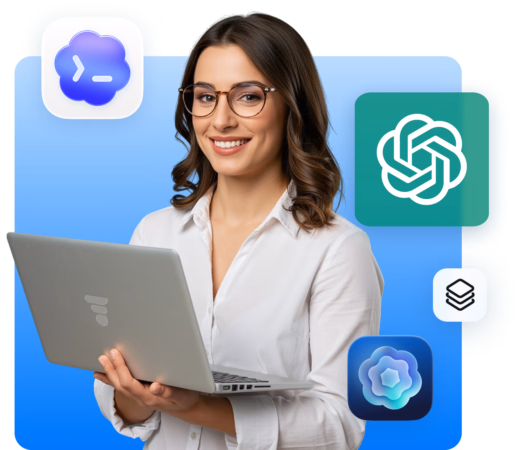 Smiling woman with glasses holding a silver laptop, surrounded by AI-related app icons on a blue background.