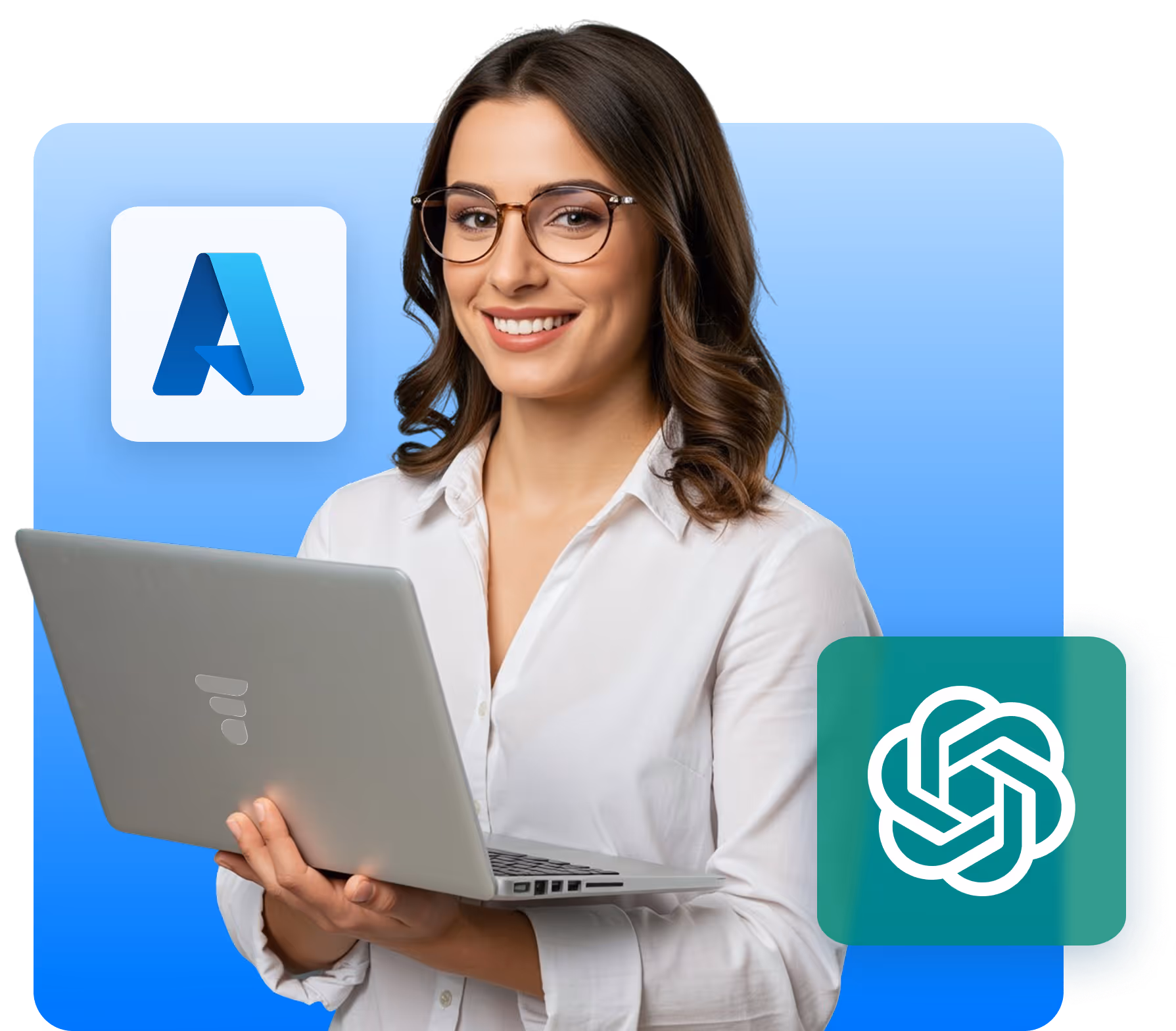 Smiling woman with glasses holding a laptop, with Azure and OpenAI logos on a blue background.