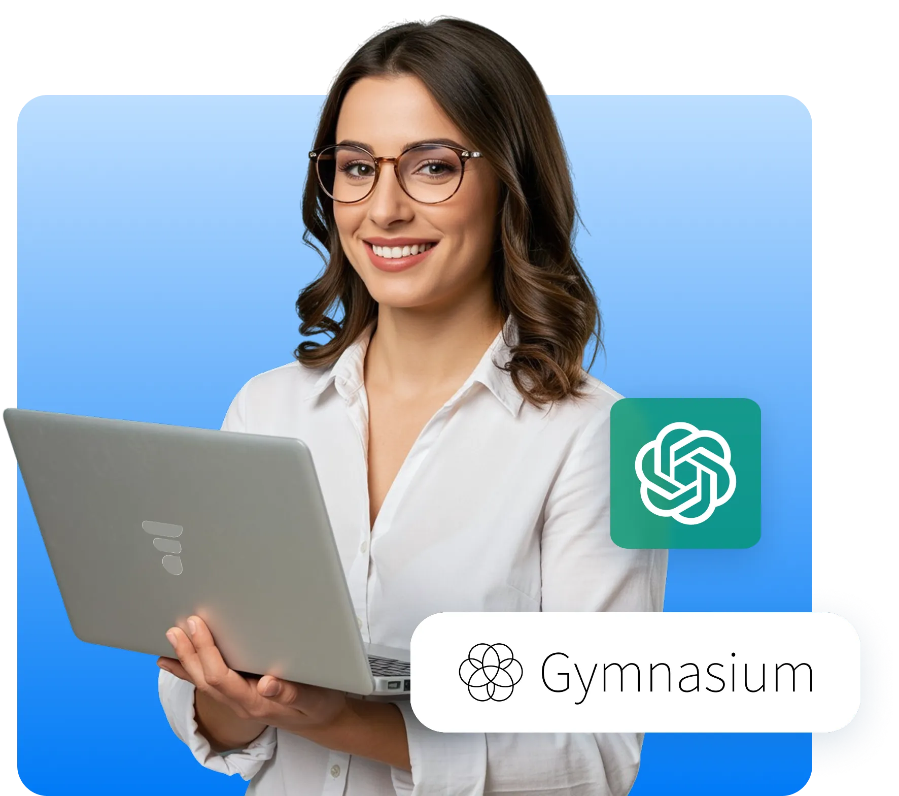 Smiling woman wearing glasses and white shirt holding a laptop against a blue background with OpenAI and Gymnasium logos.