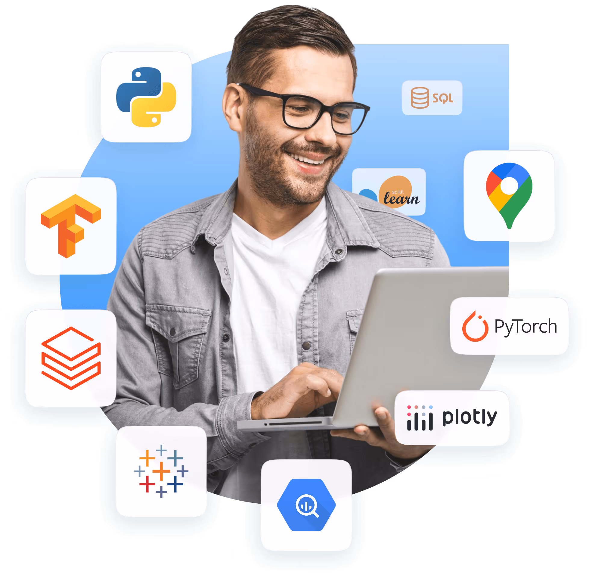 Smiling man with glasses using a laptop, surrounded by icons of Python, SQL, TensorFlow, Scikit-learn, Google Maps, PyTorch, Plotly, Tableau, and Google BigQuery.