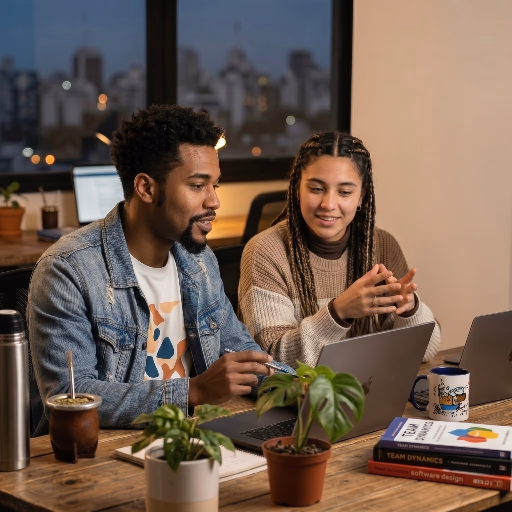 Two young professionals collaborate while working on laptops at a wooden table with plants and books on team dynamics and software design.