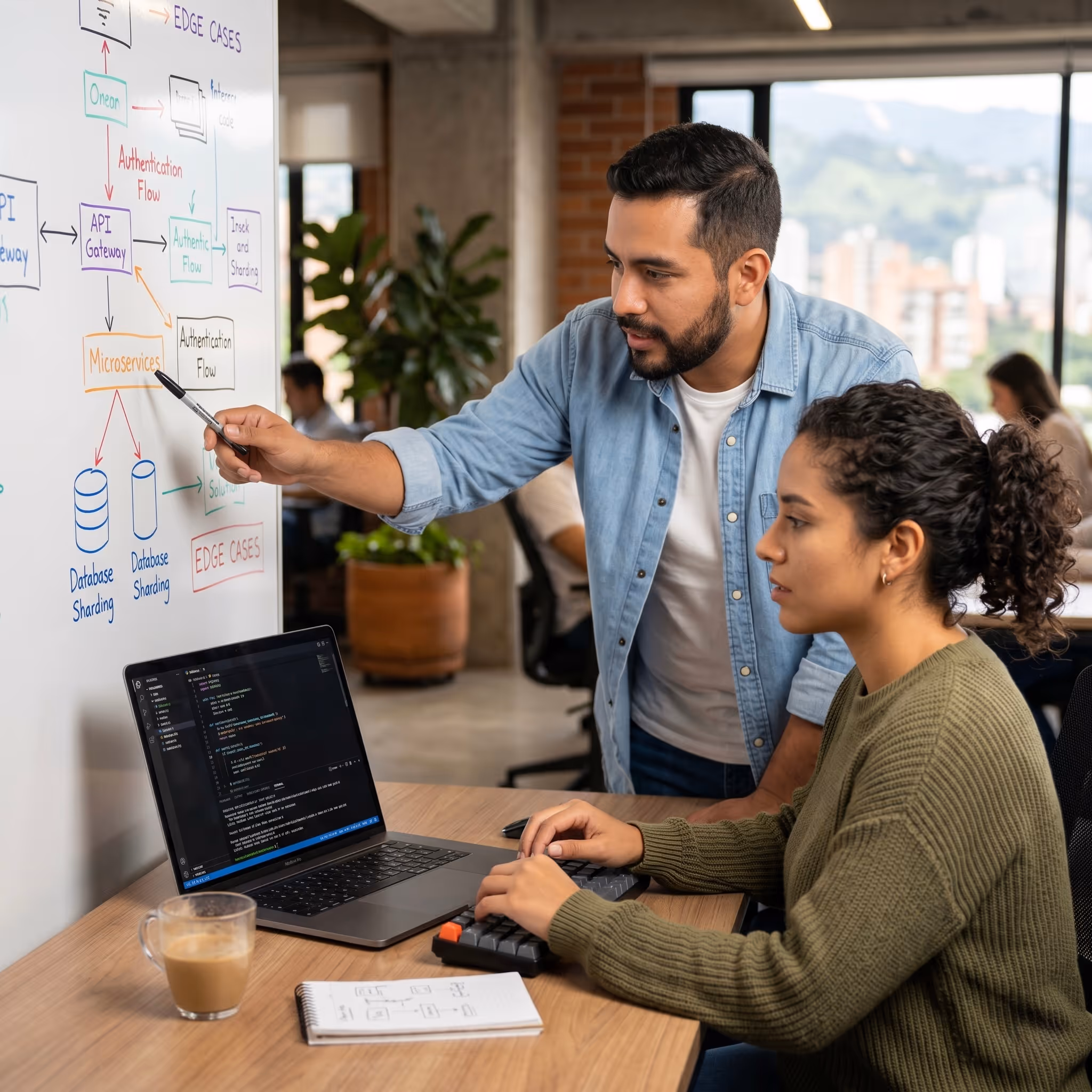 Man pointing at a whiteboard with flowchart diagrams while a woman types on a keyboard in front of a laptop showing code in a modern office.