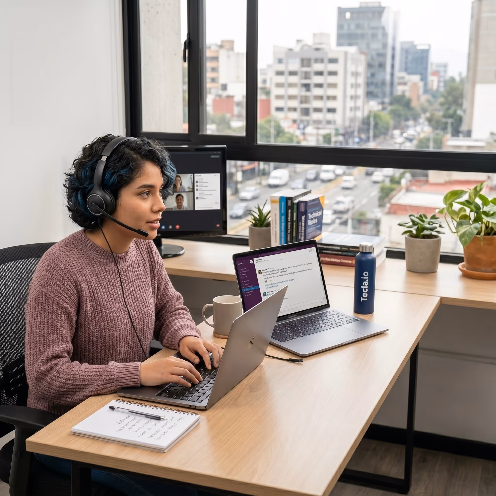 Young woman wearing headset and purple sweater typing on a laptop at a desk with another laptop, notebook, water bottle, plants, and a window showing city buildings.