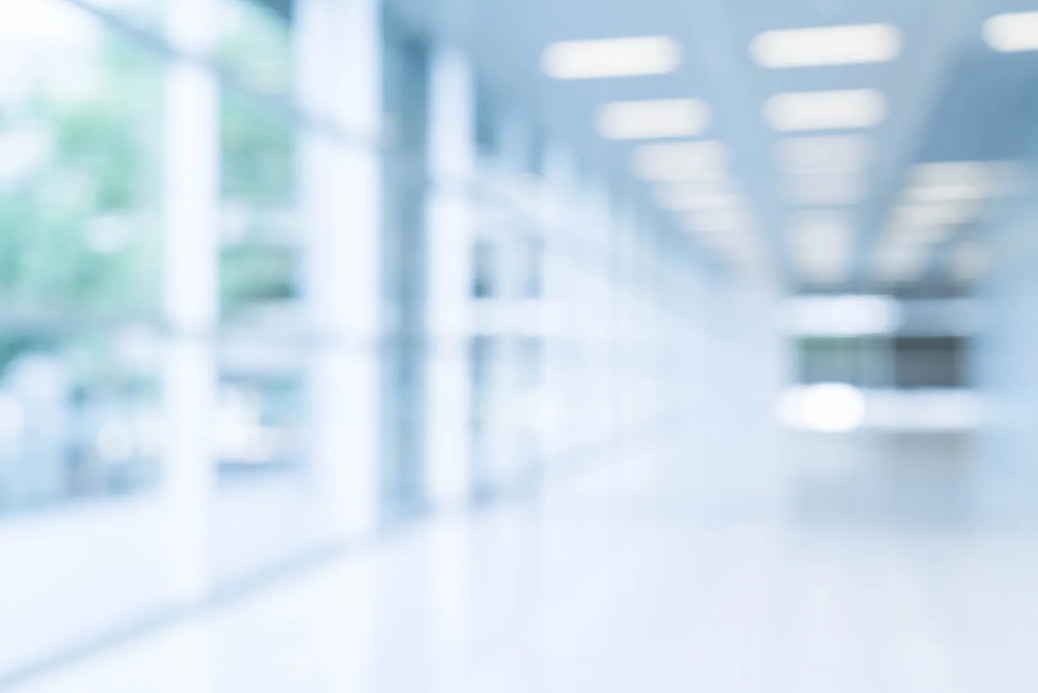 Blurred bright office interior with large windows and ceiling lights.