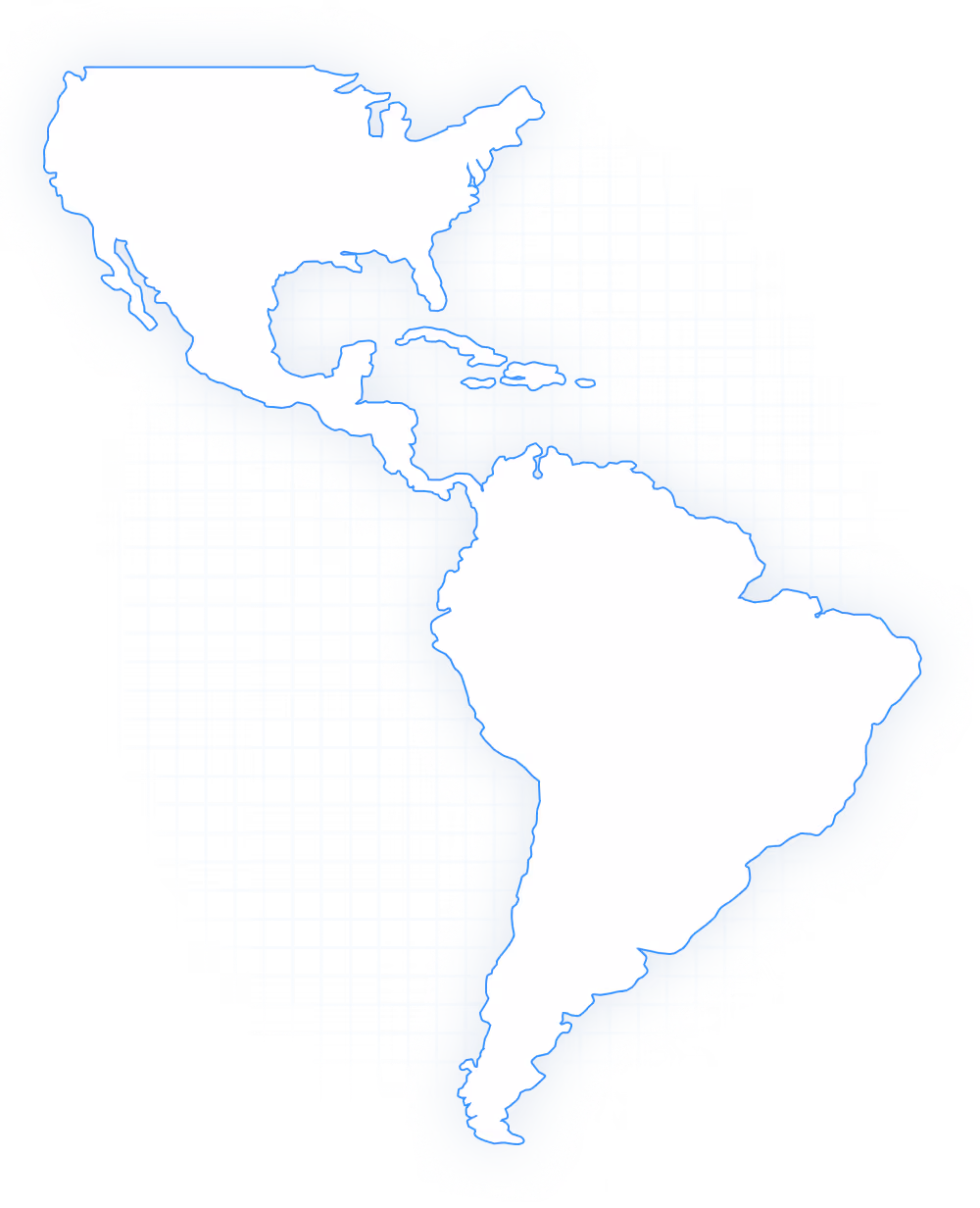 Outline map of North, Central, and South America over a blue grid pattern.