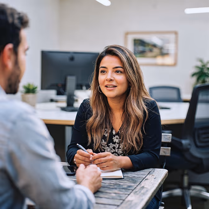 Woman with long hair holding a pen talking to a man at a wooden table in an office.