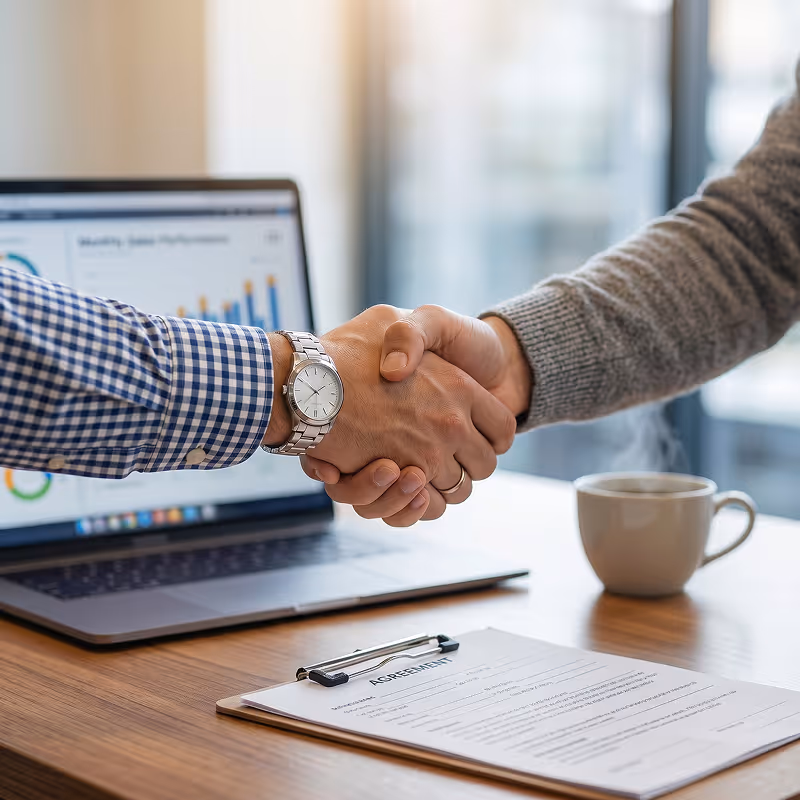 Two people shaking hands over a wooden desk with a laptop, agreement, and coffee cup nearby.