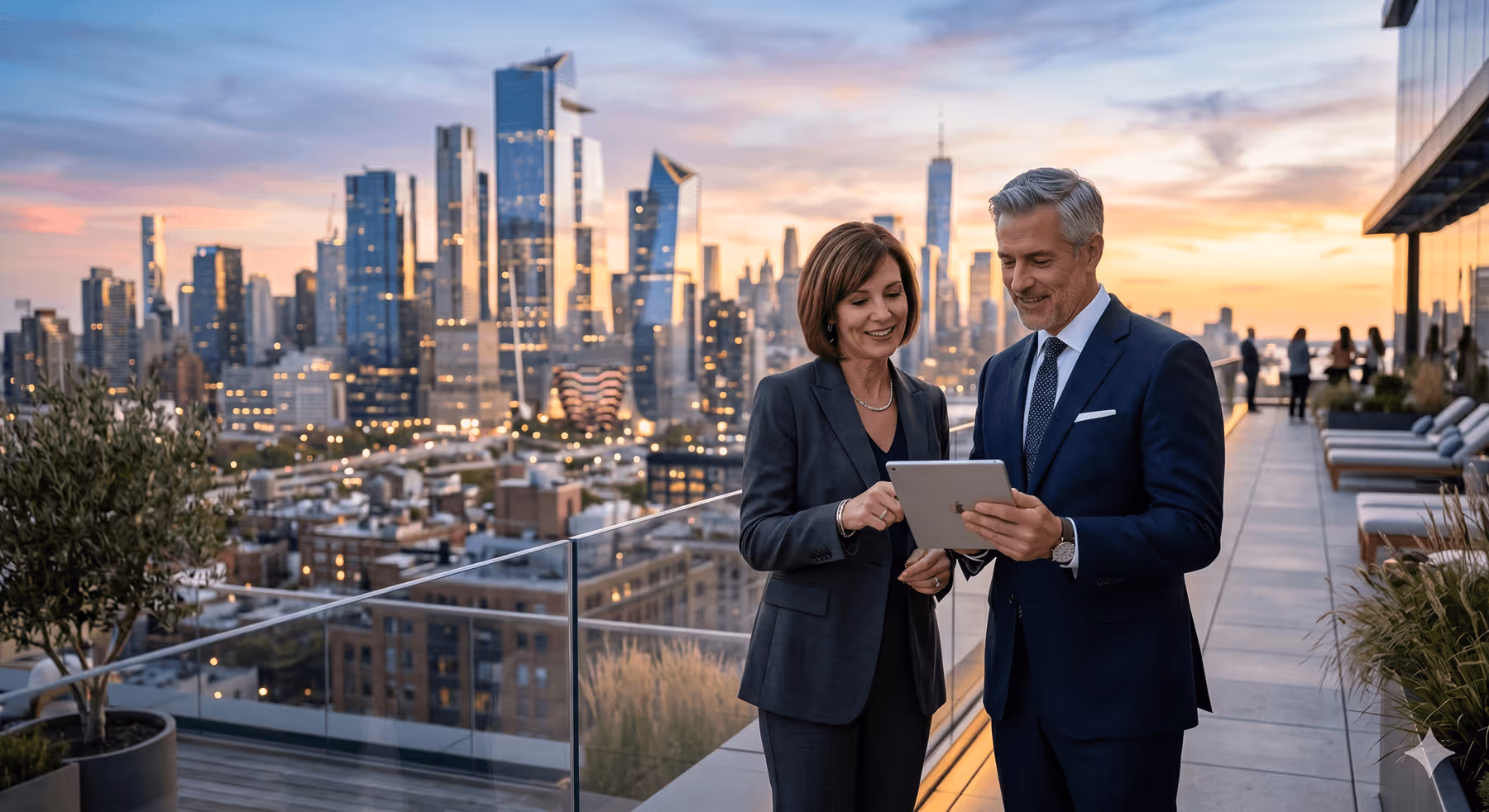 Two businesspeople in suits on rooftop terrace, looking at tablet with city skyline sunset behind them.