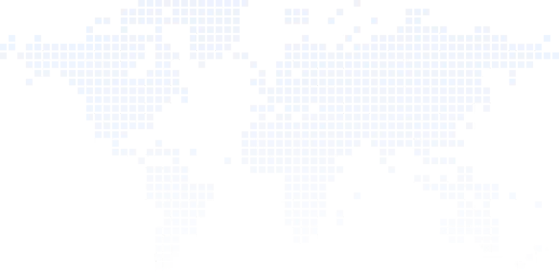 World map of continents composed of small light blue square pixels on black background.