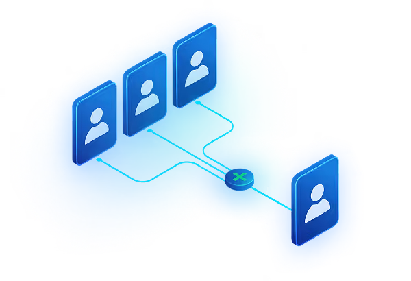 Illustration showing four blue tiles with white user icons connected by lines to a central circular node with an X, which links to a single user tile on the right, representing user removal or restriction in a network.