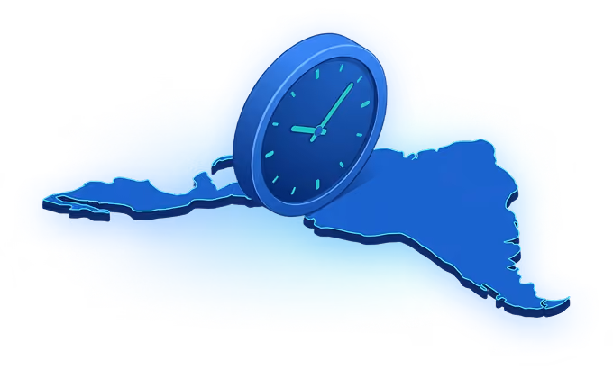 3D illustration of a blue clock showing 2:00 placed on a blue map representing the Tennessee state outline.