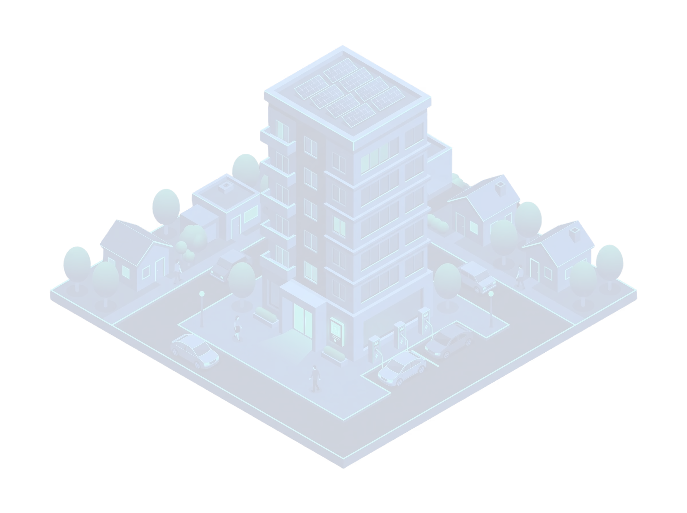 Isometric illustration of a modern mid-rise building with solar panels on the roof, surrounded by smaller houses, trees, electric vehicle charging stations, parked cars, street lamps, and people walking on sidewalks.